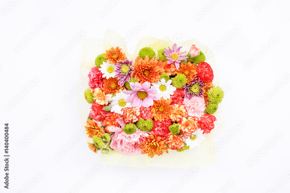 Bouquet of flowers on white background. Top view, flat lay Bouquet of flowers on white background. Top view, flat lay