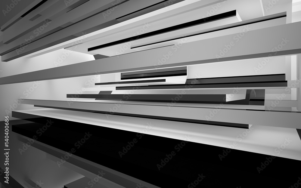 Abstract white interior with glossy black geometric shapes. Architectural background. 3D illustration and rendering Abstract white interior with glossy black geometric shapes. Architectural background. 3D illustration and rendering