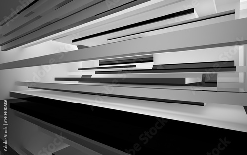 Abstract white interior with glossy black geometric shapes. Architectural background. 3D illustration and rendering © SERGEYMANSUROV