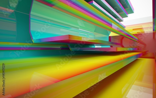 Abstract dynamic interior with gradient colored objects. 3D illustration and rendering