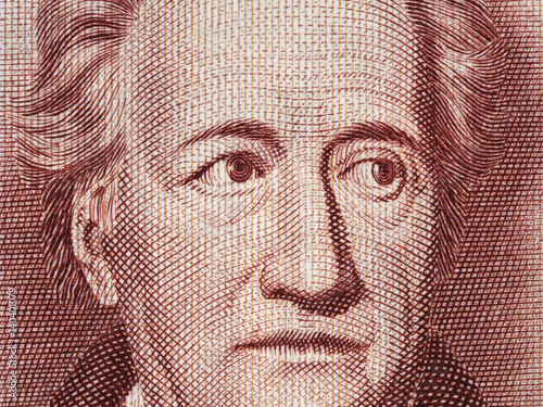 Photos Johann Wolfgang von Goethe (1749-1832) face portrait on Germany 20 mark (1964) banknote closeup, genius German writer, poet, novelist and playwright