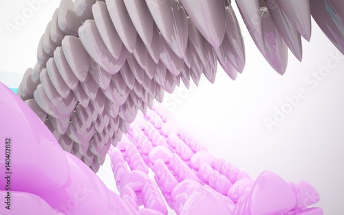Abstract interior in colored smooth glossy array of sculptures in the form of eggs. 3D illustration and 3D rendering 