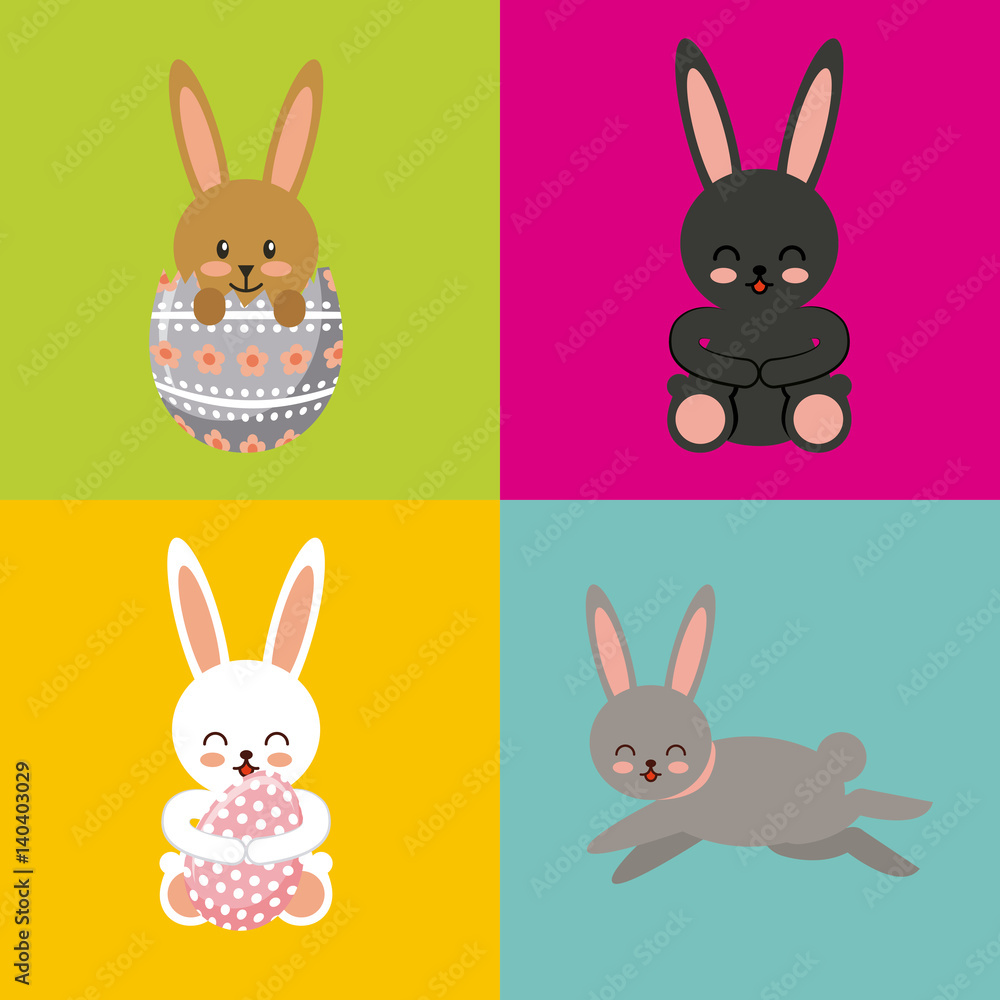 Fototapeta premium cute rabbits over colorful squares. happy easter concept. vector illustration