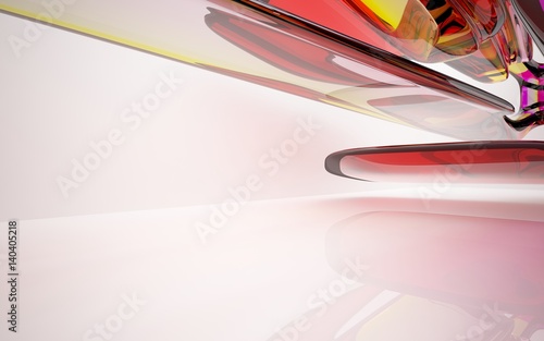 abstract architectural interior with red, pink and yellow smooth glass sculpture with black lines. 3D illustration and rendering