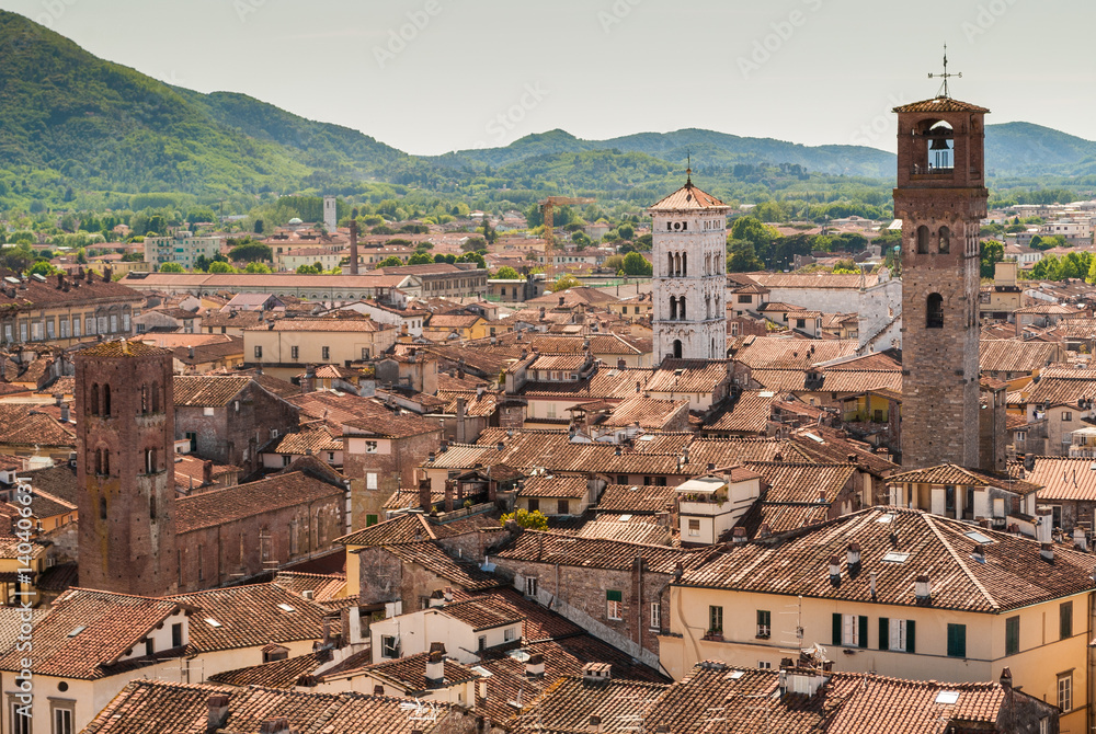 Aerial view of Lucca, in Tuscany; the tower on the right is called 