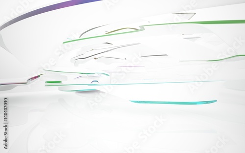 Abstract smooth white interior with colored glossy lines. 3D illustration and rendering