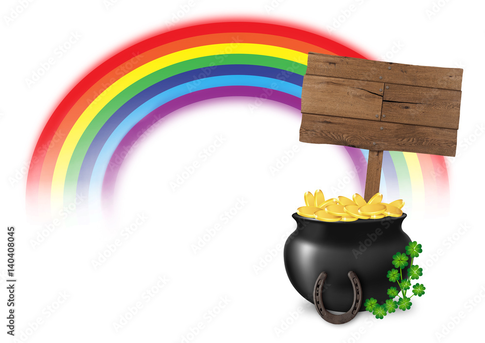 Φωτογραφία illustration of pot of gold at end of rainbow, with wooden sign, horseshoe and l