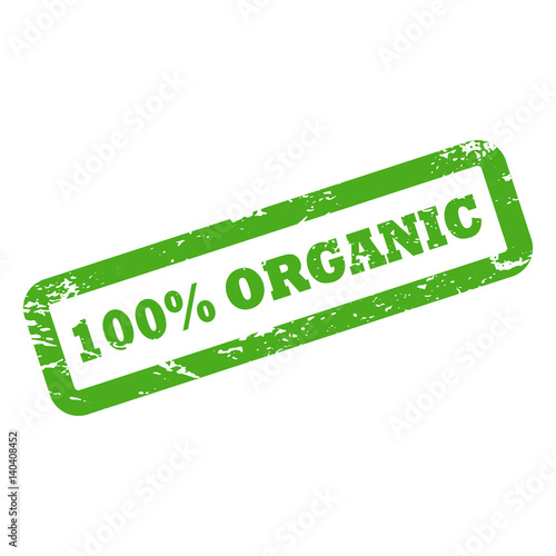 100 Percent Organic inscription in rectangle frame. Green ink rubber stamp with rough texture