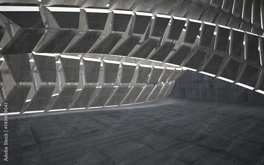 Fototapeta premium Empty dark abstract concrete room interior. Architectural background. Night view of the illuminated. 3D illustration and rendering