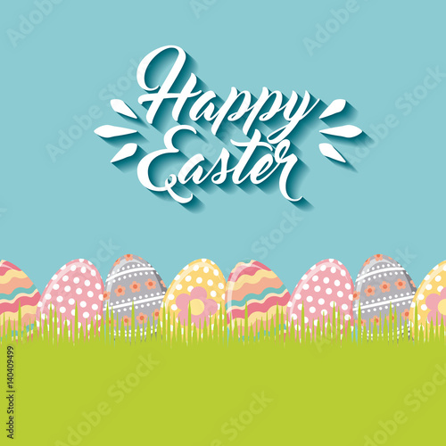 happy easter card with eggs hanging over blue background. colorful desing. vector illustration