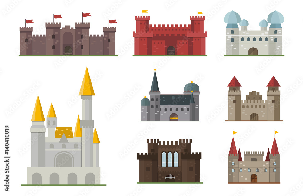 Cartoon fairy tale castle tower icon cute architecture fantasy house fairytale medieval and princess stronghold design fable isolated vector illustration.