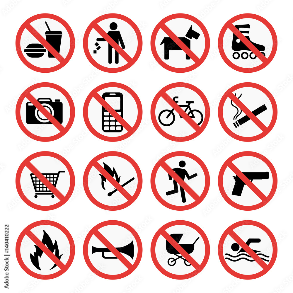 Prohibition signs set safety information vector illustration. Prohibition signs set safety information vector illustration.