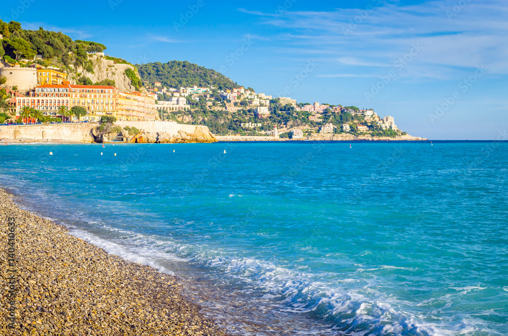 Beach and sea in Nice, Cote d'Azur, French Riviera, France
