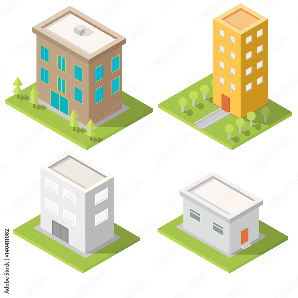 Set of detailed isometric buildings. Set of detailed isometric buildings.