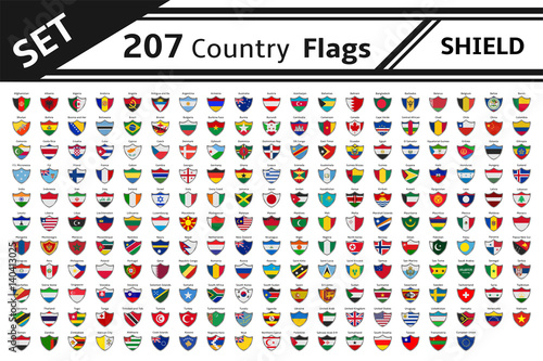 set 207 countries flags shield shape