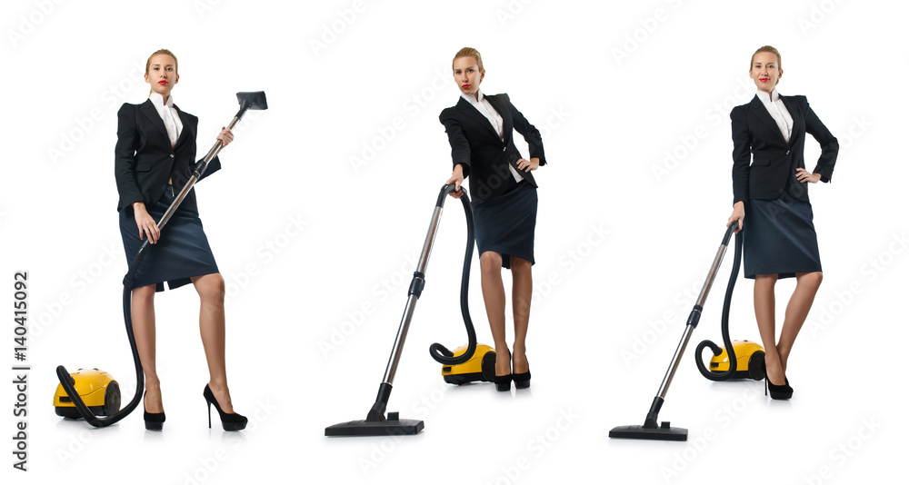 Businesswoman cleaning with vacuum cleaner on white Businesswoman cleaning with vacuum cleaner on white