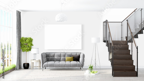 Modern bright interior with empty frame . 3D rendering photo