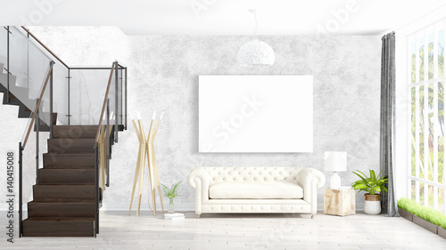 Modern bright interior with empty frame . 3D rendering photo