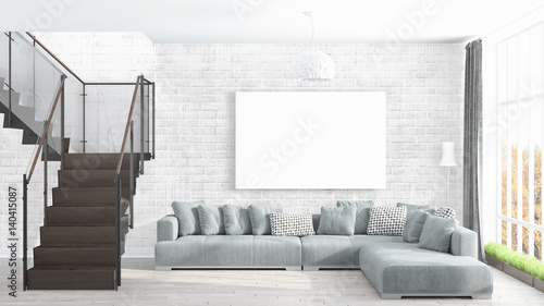 Modern bright interior with empty frame . 3D rendering photo