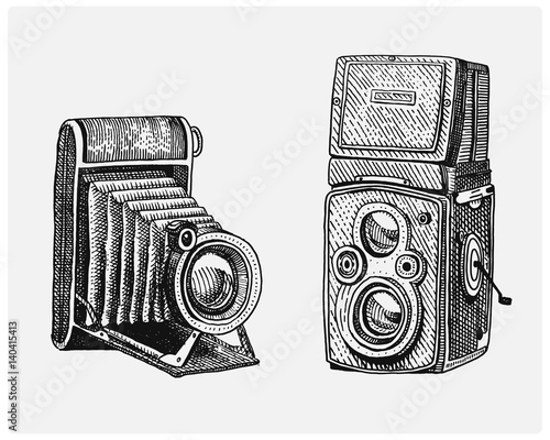 Photo camera set vintage, engraved hand drawn in sketch or wood cut style, old looking retro lens, isolated vector realistic illustration