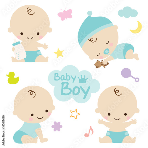 Vector illustration of baby boy with cute graphic elements. Perfect for baby shower.
