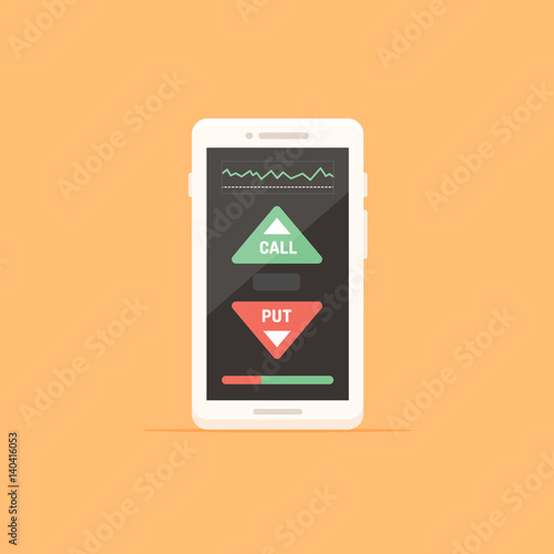 White smartphone with binary options trader screen with call and put buttons vector illustration in flat style