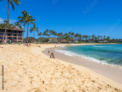 View of famous Poipu beach on Kauai island in Hawaii.  photo