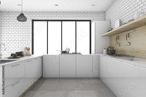 Fototapeta Naklejka Na Ścianę i Meble -  3d rendering white minimal kitchen with scandinavian style