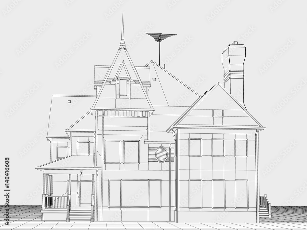 computer rendered line art schematic like illustration of a house