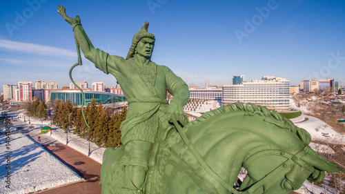 Close-up of Monument to Salavat Yulaev in Ufa at winter aerial view photo