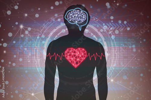 Silhouette of human body with technology line and dot of polygonal shape brain and heart over the Technology connection background, Science healthy and physician education concept