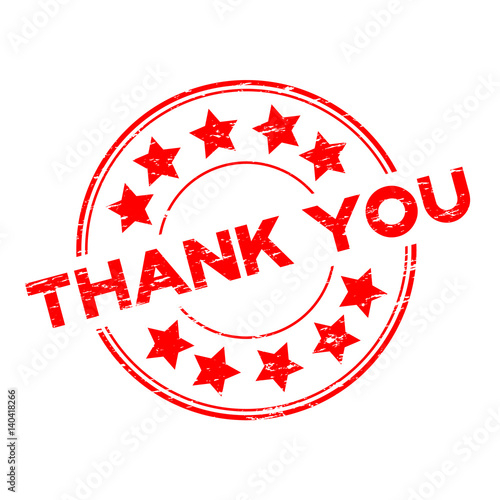 Grunge red thank you with star icon round rubber stamp on white background