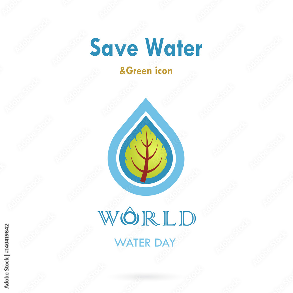 Water drop with leaf icon vector logo design template.World Water Day idea campaign for greeting card and poster.