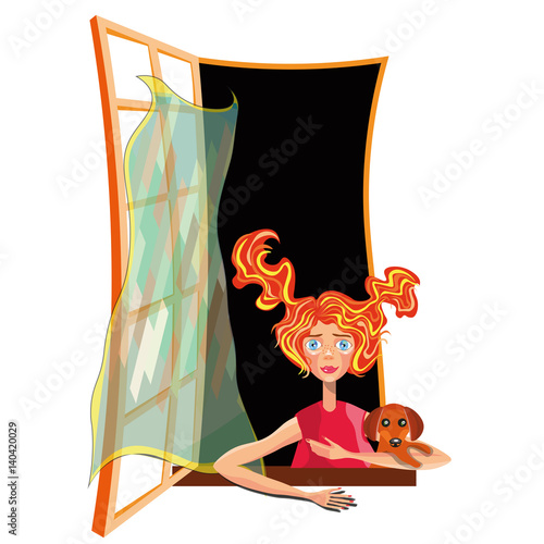 vector illustration with a sweet little girl sitting at the window with a little dog