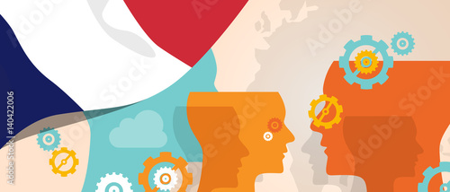 France concept of thinking growing innovation discuss country future brain storming under different view represented with heads gears and flag