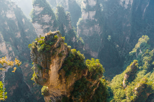 mountain landscape of Zhangjiajie, a national park in China known for its surreal scenery of rock formations.