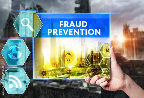 Technology, internet, business and marketing. Young business woman writing word: Fraud prevention