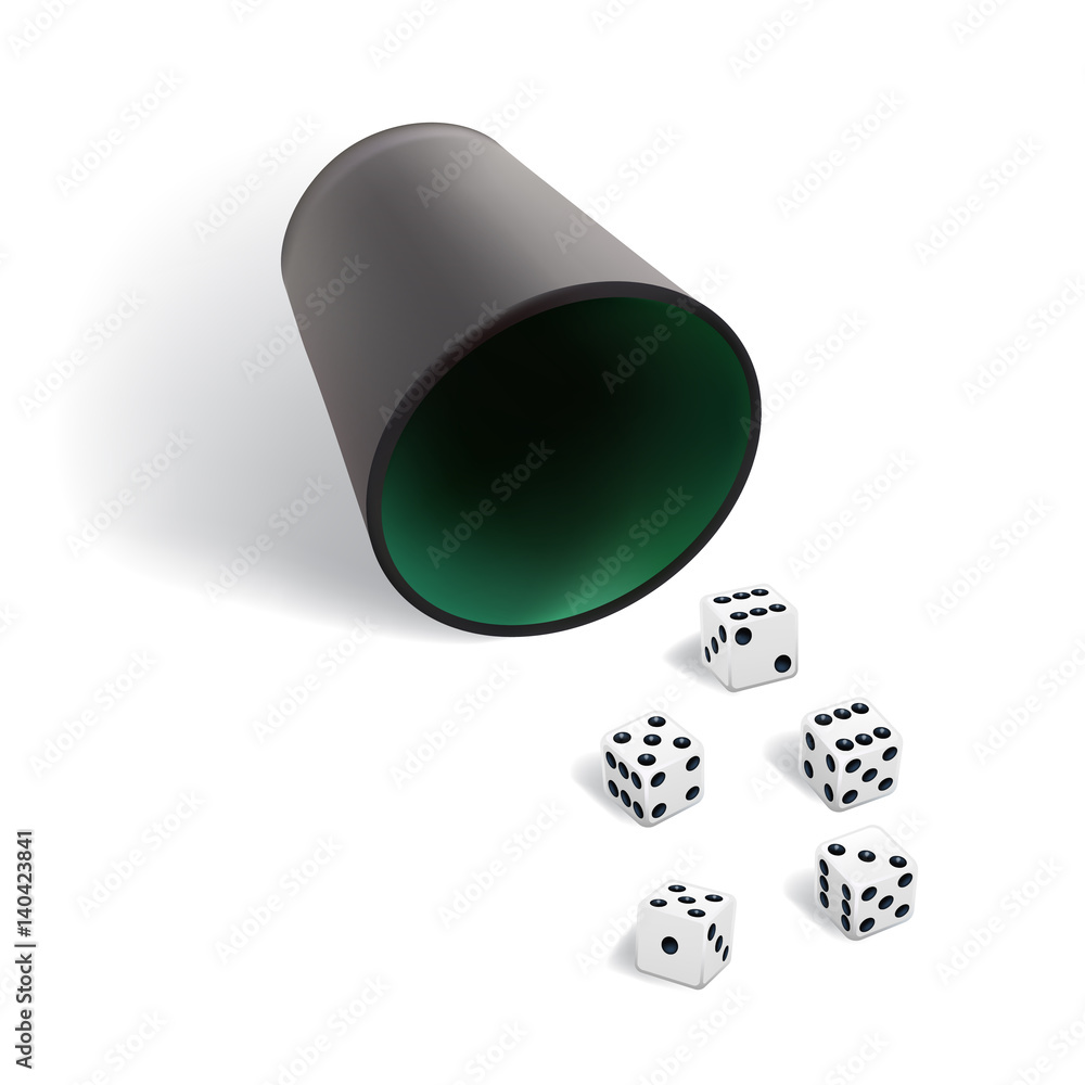 Obraz premium Dice gambling template. White cubes with dice cup on white background. Vector illustration.