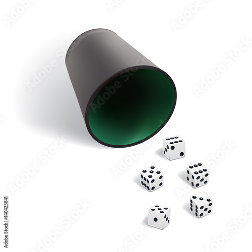 Dice gambling template. White cubes with dice cup on white background. Vector illustration.