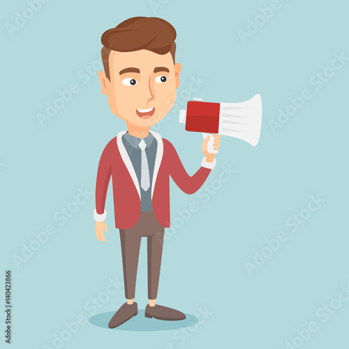 Young man speaking into megaphone.