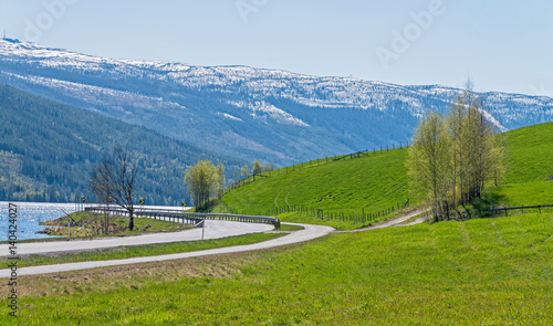 On the road #7 and lake Strandafjorden with beautiful landscape, Norway.