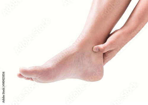 Woman foot heel pain on white background, health care and medical concept © mraoraor