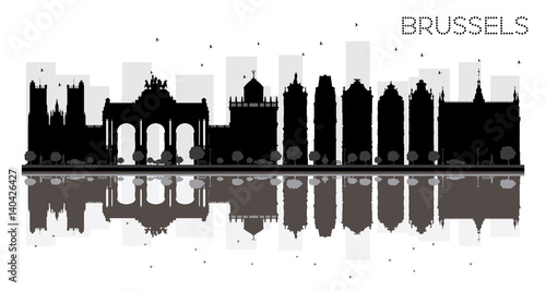 Brussels City skyline black and white silhouette with reflections.