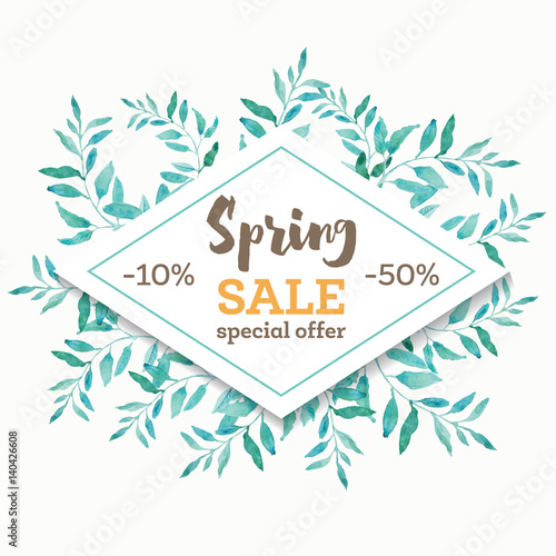 Spring sale background banner with beautiful watercolor leaves.