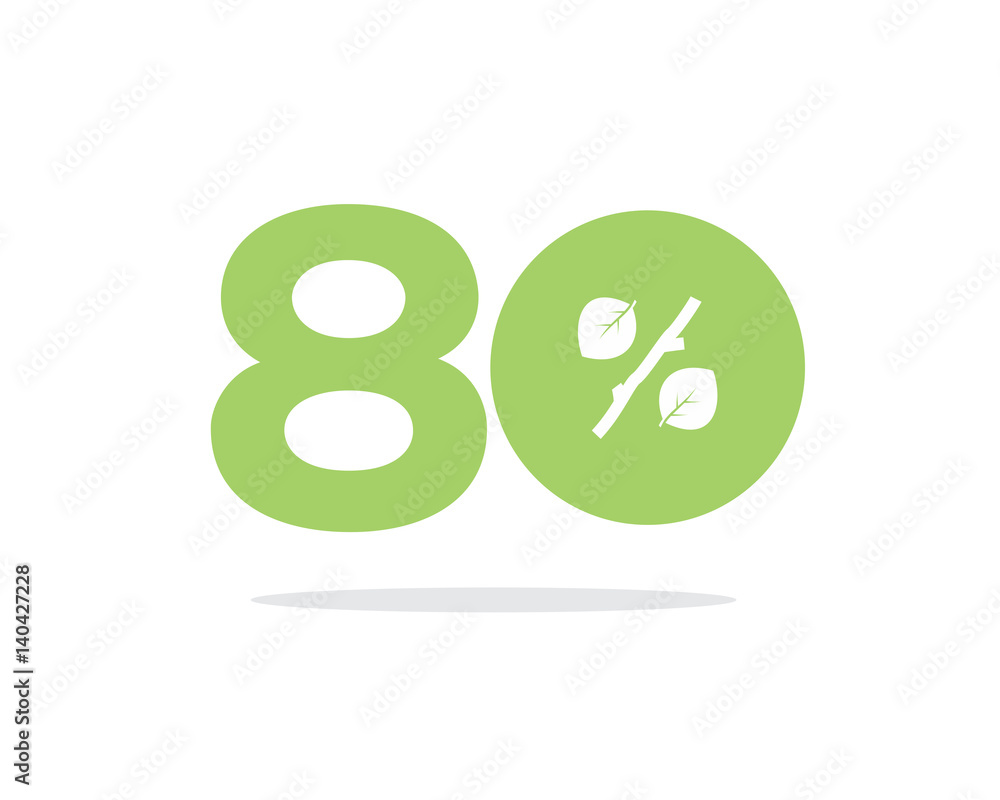 Vector green 80% text designed with a leaf and stick branch percent icon on air with shadow isolated on white background. For spring and summer sale campaigns. Vector green 80% text designed with a leaf and stick branch percent icon on air with shadow isolated on white background. For spring and summer sale campaigns.