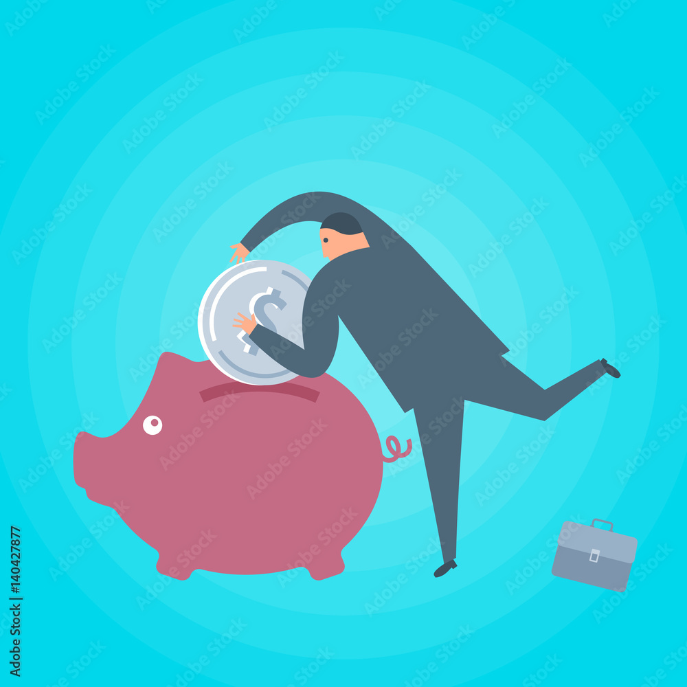 Businessman with money and piggy-bank. Business and finance flat concept illustration. Toss a dollar coin into a piggy bank. Currency, savings, investment, wealth and management vector design element.