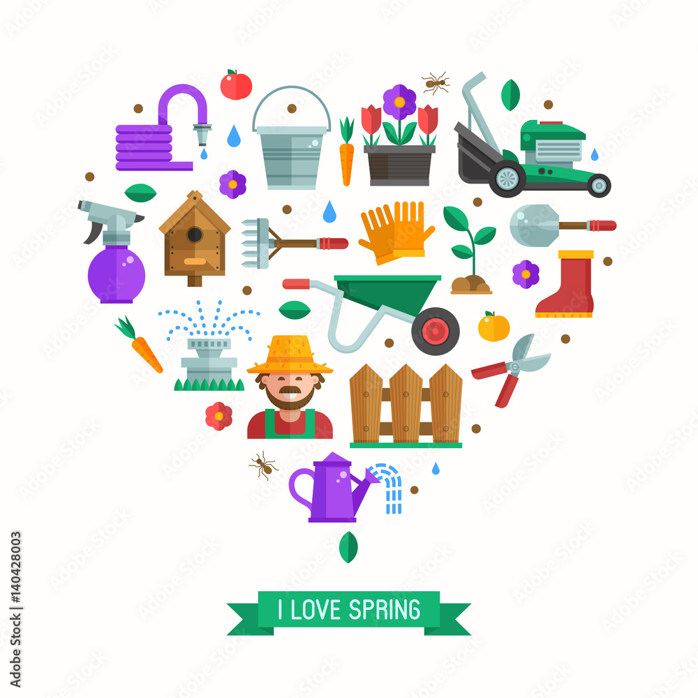 I love spring card with gardening and landscaping icons stylized in heart. Growing plants and horticulture elements backdrop with gardener, grass-cutter, wheelbarrow and other farm and garden tools.