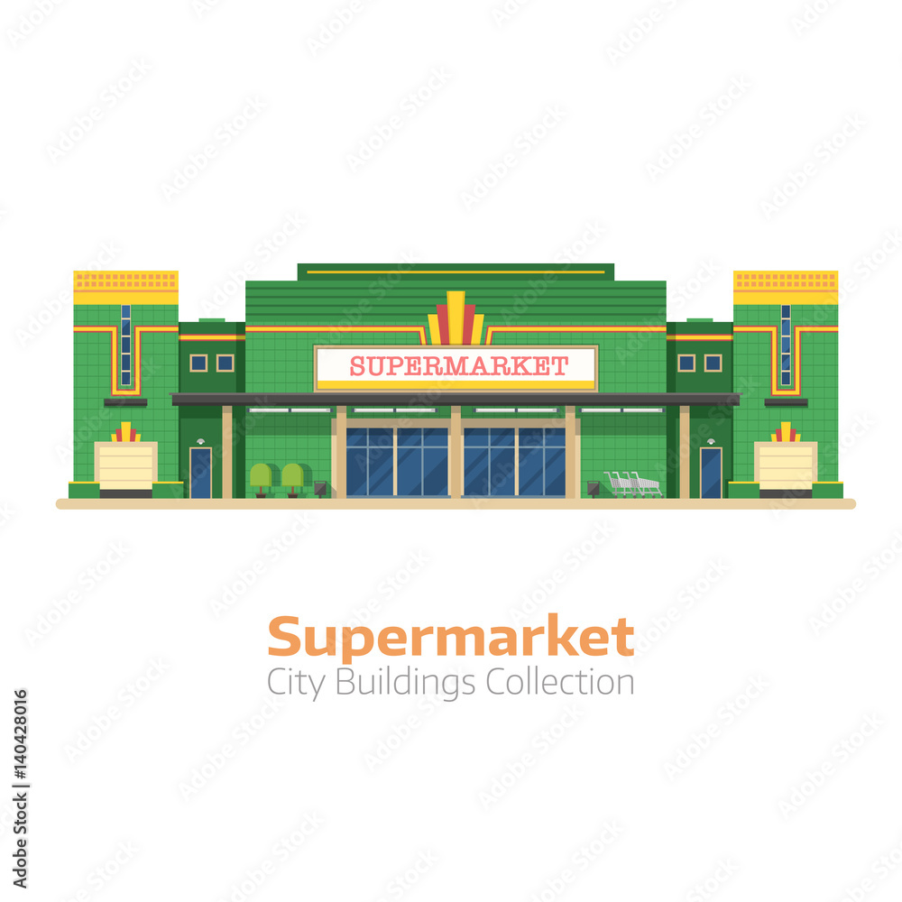 Supermarket building vector illustration. Large food store facade isolated on white background. Super market or grocery store exterior in flat design.