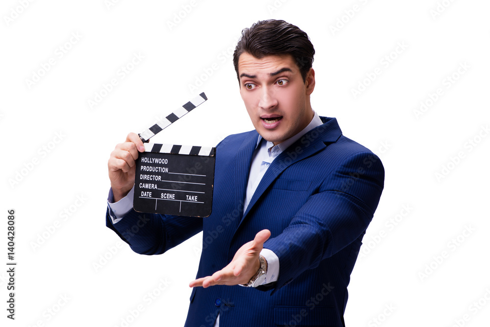 Handsome man with movie clapper isolated on white Handsome man with movie clapper isolated on white
