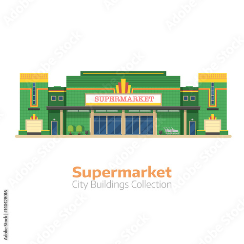 Supermarket building vector illustration. Large food store facade isolated on white background. Super market or grocery store exterior in flat design.